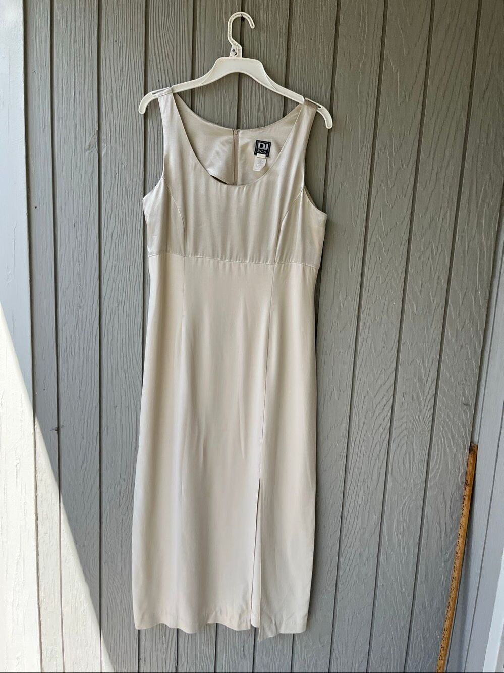 VTG 90s Champagne Satin Midi Dress High Slit Minimalist Quiet Luxury Size 12